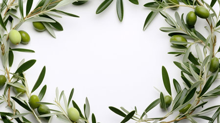 Green olive tree leaves, branches isolated on white background. Moody decorative floral banner. Mediterranean summer foliage.の素材