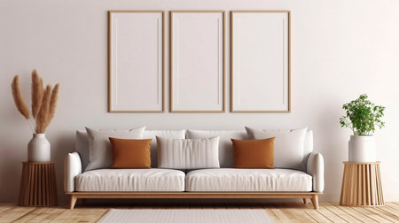 White living room design. View of modern boho, scandi style interior with sofa, cushions, potted palm plant through open white door. Home staging concept.の素材