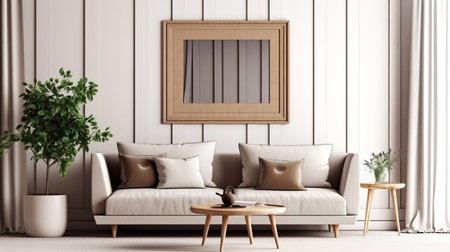 White living room design. View of modern boho, scandi style interior with sofa, cushions, potted palm plant through open white door. Home staging concept.の素材