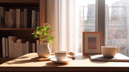 Breakfast still life Cup of coffee books and empty picture frame mockup on wooden deskの素材