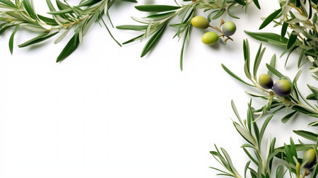 Floral composition of green olive tree leaves and branches isolated on white table background. Botany styled stock flat lay image, top view. Copy space. Summer Medditeranean frame.の素材