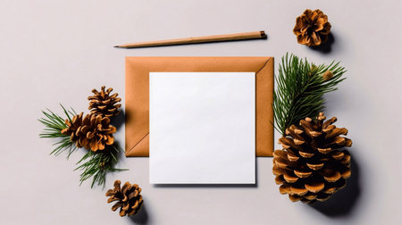 Christmas gift wrapping still life. Spruce tree branches, present box and dry orange slices. Blank card mockup, craft envelope and pine cones. White linen tablecloth background.の素材