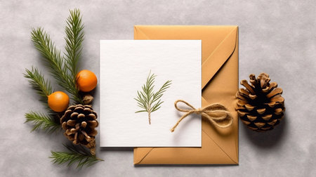 Christmas gift wrapping still life. Spruce tree branches, present box and dry orange slices. Blank card mockup, craft envelope and pine cones. White linen tablecloth background.の素材