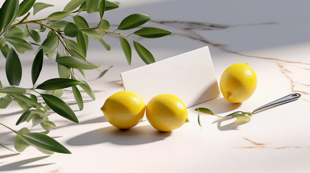 Summer stationery still life scene. Cut lemon fruit and olive tree branch nad leaves in sunlight. Mediterranean design. Branding concept,の素材