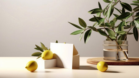 Summer stationery still life scene. Cut lemon fruit and olive tree branch nad leaves in sunlight. Mediterranean design. Branding concept,の素材