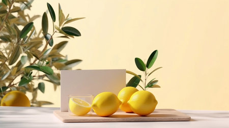 Summer stationery still life scene. Cut lemon fruit and olive tree branch nad leaves in sunlight. Mediterranean design. Branding concept,の素材