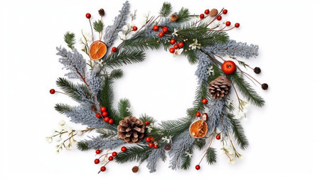 Christmas circle floral composition. Wreath of cypress, eucalyptus branches, pine cones, rowan berries, anise, confetti stars and sea holly flowers on white background.の素材