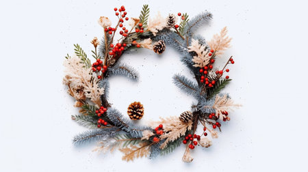 Christmas circle floral composition. Wreath of cypress, eucalyptus branches, pine cones, rowan berries, anise, confetti stars and sea holly flowers on white background.の素材