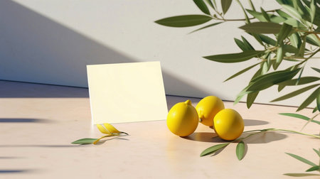 Summer stationery still life scene. Cut lemon fruit and olive tree branch nad leaves in sunlight. Mediterranean design. Branding concept,の素材