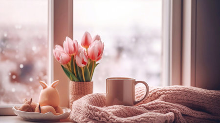 Cozy Easter, spring still life scene. Cup of coffee, opened notebook, pink knitted plaid on windowsill. Vintage feminine styled photo. Floral composition with tulips, hyacinth andの素材