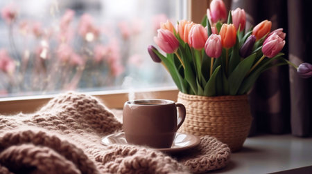 Cozy Easter, spring still life scene. Cup of coffee, opened notebook, pink knitted plaid on windowsill. Vintage feminine styled photo. Floral composition with tulips, hyacinth andの素材