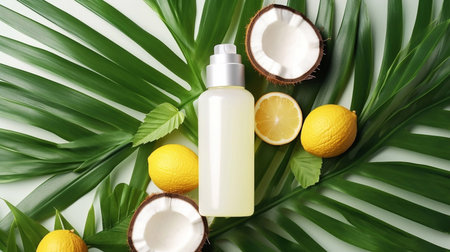Decorative styled floral frame, web banner. Coconuts, lemons and lime fruit on lush palm leaves isolated on white table background. Tropical summer concept. Flat lay, top view. Empの素材