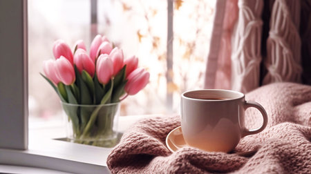 Cozy Easter, spring still life scene. Cup of coffee, opened notebook, pink knitted plaid on windowsill. Vintage feminine styled photo. Floral composition with tulips, hyacinth andの素材