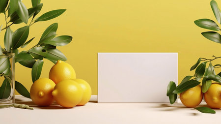 Summer stationery still life scene. Cut lemon fruit and olive tree branch nad leaves in sunlight. Mediterranean design. Branding concept,の素材