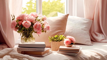 Cozy Easter, spring still life scene. Cup of coffee, opened notebook, pink knitted plaid on windowsill. Vintage feminine styled photo. Floral composition with tulips, hyacinth andの素材