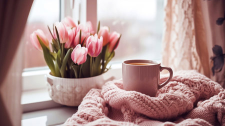 Cozy Easter, spring still life scene. Cup of coffee, opened notebook, pink knitted plaid on windowsill. Vintage feminine styled photo. Floral composition with tulips, hyacinth andの素材