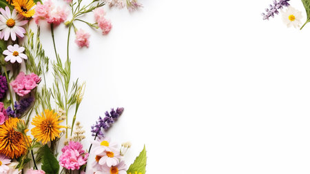 summer flowers on white background with space for text. flat layの素材
