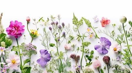 Flowers composition. Various wildflowers on white background. Flat lay, top view, copy spaceの素材