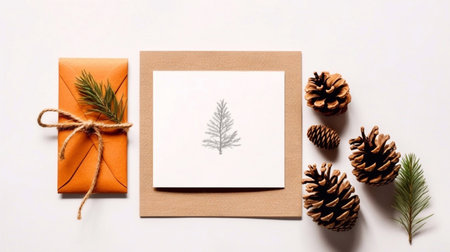 Christmas gift wrapping still life. Spruce tree branches, present box and dry orange slices. Blank card mockup, craft envelope and pine cones. White linen tablecloth background.の素材