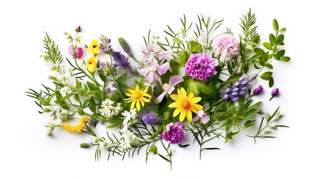 Bouquet of wildflowers and herbs isolated on white backgroundの素材