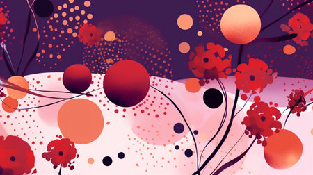 Abstract floral background with red flowers and circles. Hand drawn vector illustration.の素材
