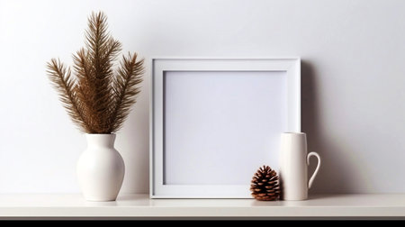White photo frame mockup with pine cones and vase on white shelfの素材