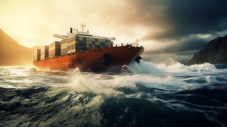 Cargo ship sailing in the stormy sea. 3d renderingの素材