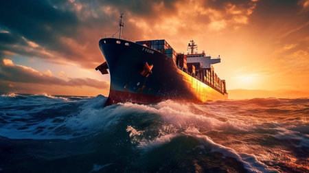 Photo pour Cargo ship sailing in the ocean at sunset. 3D rendering - image libre de droit