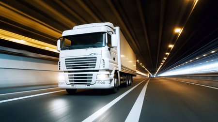 Truck on the road with motion blur background. Freight transportation concept.の素材