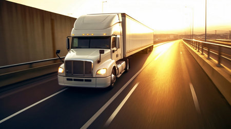 Truck on the road at sunset. Transportation and logistics concept.の素材