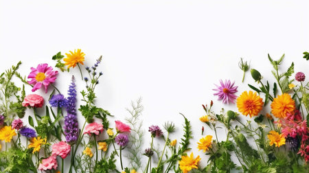 summer flowers on a white background with space for text, top viewの素材