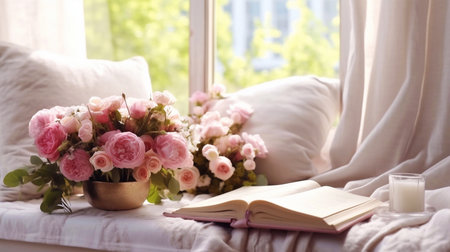 Cup of coffee and bouquet of pink tulips on wooden tableの素材