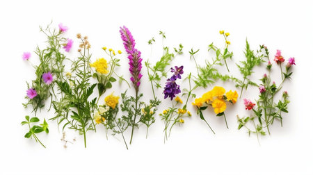 Wild flowers isolated on white background. Flat lay, top view.の素材