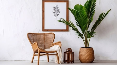 Stylish interior of living room with rattan armchair, palm tree and mock up poster frameの素材