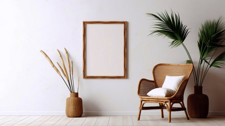 Interior of living room with wicker armchairrative plants and blank picture frame on wallの素材
