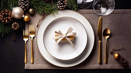 Christmas table setting with golden cutlery and christmas tree branchesの素材