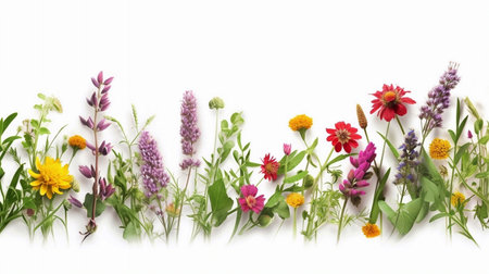 Wildflowers on a white background with space for your text.の素材