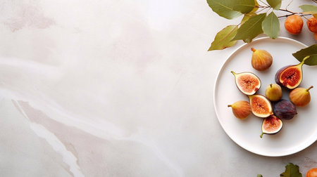 Fresh figs on a white platele background. Top view, copy spaceの素材