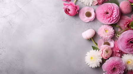 Flowers composition. Frame made of pink flowers on wooden background. Flat lay, top view, copy spaceの素材
