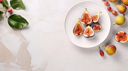 Plate with fresh figs and autumn leavesle table, top viewの素材