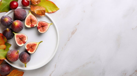Plate with fresh figs and autumn leavesle table, top viewの素材