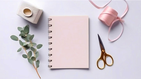Notebook, scissors and eucalyptus on white backgroundの素材