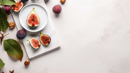 Plate with fresh figs and autumn leavesle table, top viewの素材