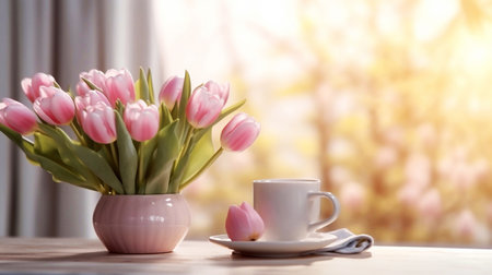 Cup of coffee and bouquet of pink tulips on wooden tableの素材