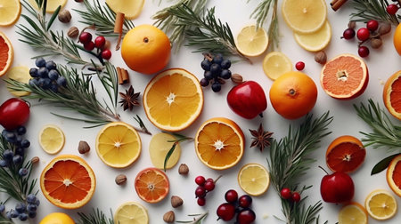 Flat lay composition with different types of citrus fruits on white backgroundの素材