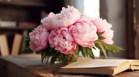 Flowers composition. Frame made of pink flowers on wooden background. Flat lay, top view, copy spaceの素材