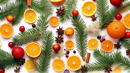 Christmas composition with fir branches, oranges, cranberries and spices on white backgroundの素材