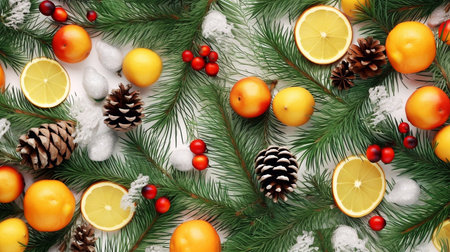 Flat lay composition with fir branches and citrus fruits on white backgroundの素材