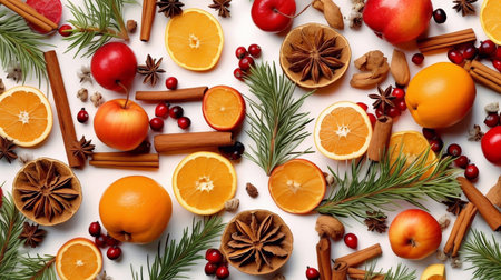 Christmas composition with dried fruits and spices on white background, flat layの素材