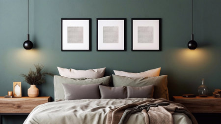 Stylish bedroom interior with mock up poster frames on wall, 3d renderの素材
